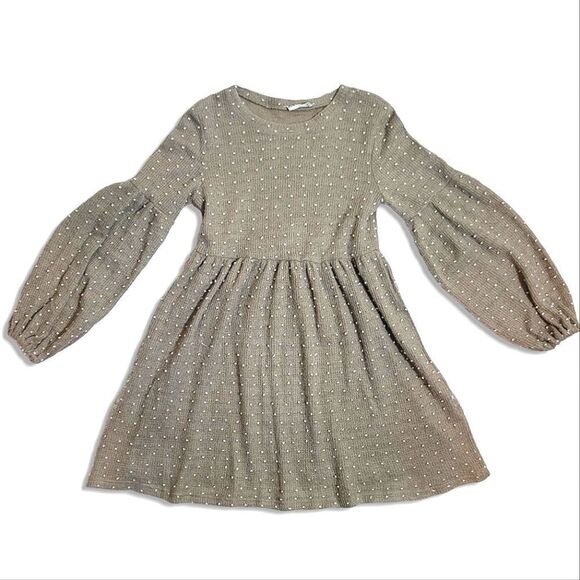 New In - "Mocha Swiss Dot" Puff Sleeved Polkadot Textured Textured Knit Dress - Picture 2 of 8